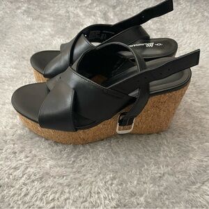 No Boundaries Sandals Women Size 6 Black Cork Wedge Platform Cross Strap